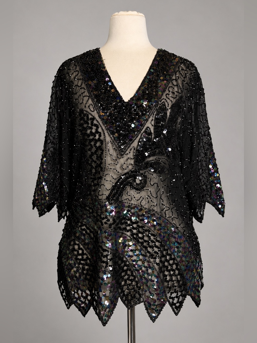 Vintage Iris Hand Beaded Sequin Cocktail Top Black Sheer Party Blouse